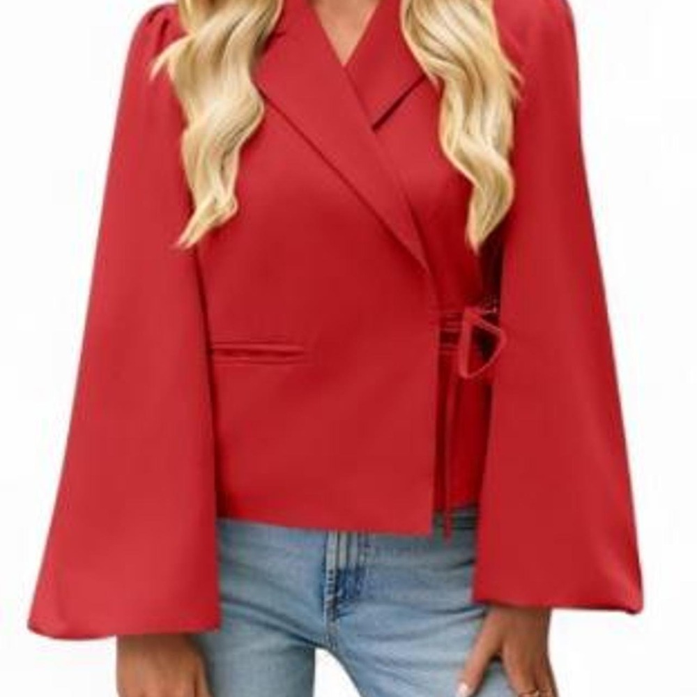 Cicy Bell Womens Puff Long Sleeve Blazer V Neck Wrap Cropped Trench Coat